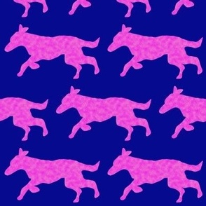 Magenta clouds surfaced running dog on blue