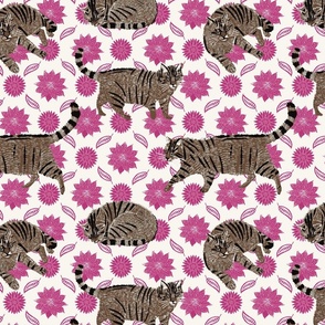 Tabby cat in flower garden pink magenta block print - medium scale