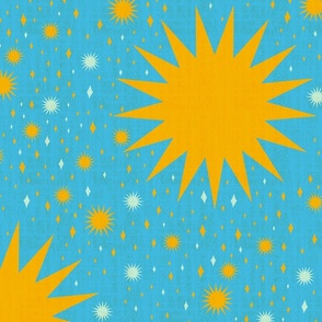 sun and stars on bright blue - large wallpaper size - 24 in