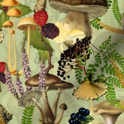 nostalgic toxic antiqued mushrooms in the forest on dark moody florals vintage autumn home decor, antique wallpaper, mushrooms and berries fabric -  green - Psychadelic  Mushroom Wallpaper