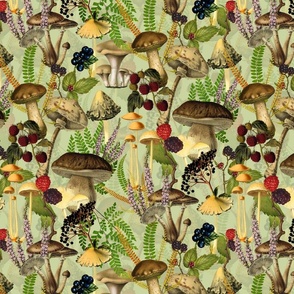 nostalgic toxic antiqued mushrooms in the forest on dark moody florals vintage autumn home decor, antique wallpaper, mushrooms and berries fabric -  green - Psychadelic  Mushroom Wallpaper