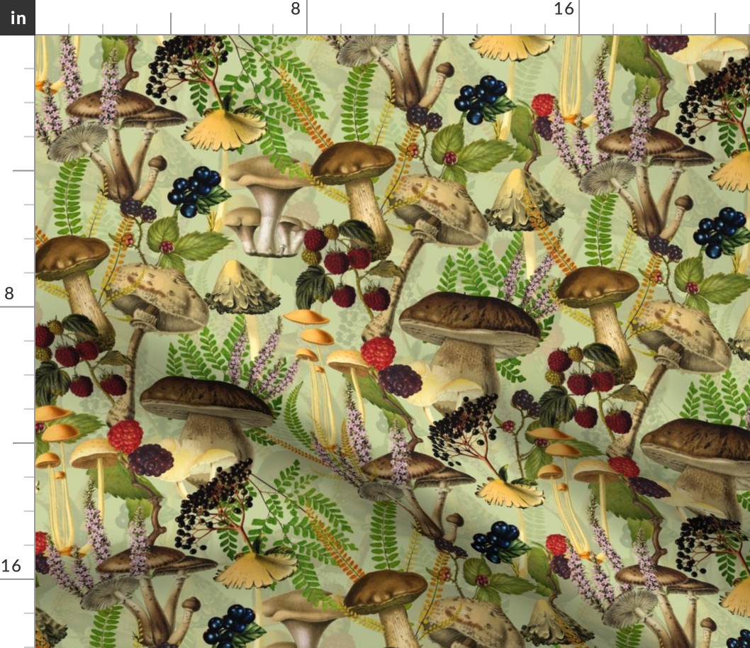 nostalgic toxic antiqued mushrooms in the forest on dark moody florals vintage autumn home decor, antique wallpaper, mushrooms and berries fabric -  green - Psychadelic  Mushroom Wallpaper