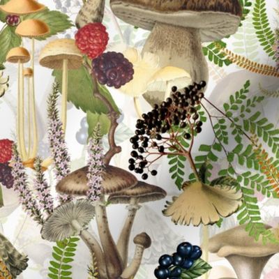 nostalgic toxic antiqued mushrooms in the forest on dark moody florals vintage autumn home decor, antique wallpaper, mushrooms and berries fabric -  white - Psychadelic  Mushroom Wallpaper