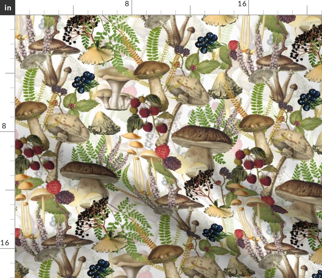 nostalgic toxic antiqued mushrooms in the forest on dark moody florals vintage autumn home decor, antique wallpaper, mushrooms and berries fabric -  white - Psychadelic  Mushroom Wallpaper