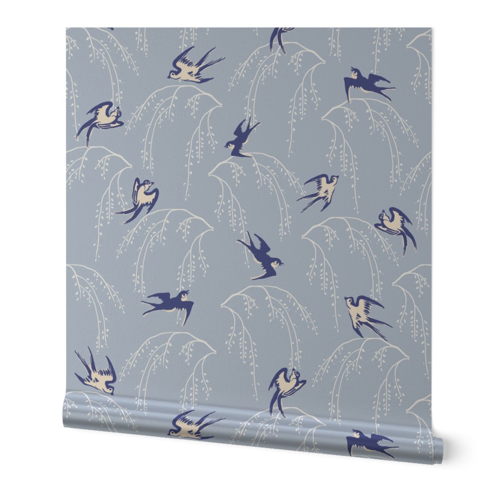 Dance of the Martins / birds flying on cherry trees in slate & indigo blue