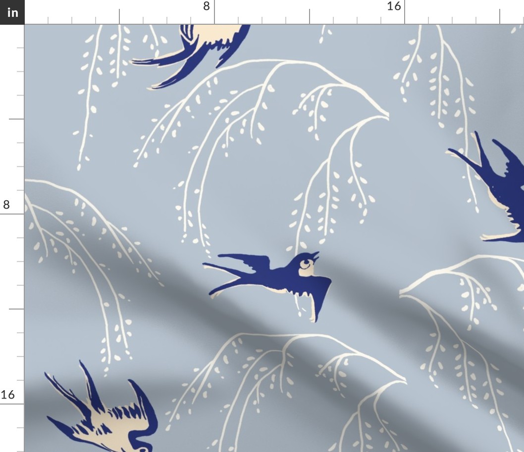 Dance of the Martins / birds flying on cherry trees in slate & indigo blue