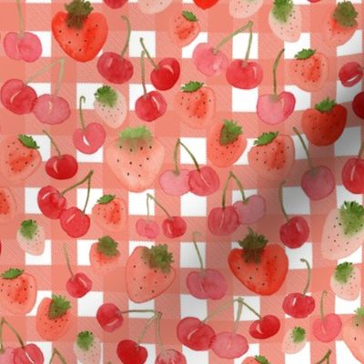 Medium - Sweet  Watercolour Cherry Strawberries - White Red Checkers