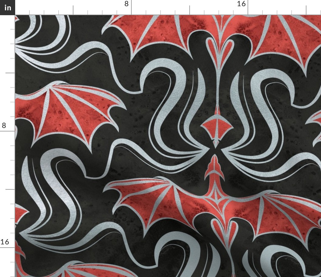 Large jumbo scale // Whimsical dragon creatures // black background metallic silver texture and red fantastic magical legendary beasts folklore decorative arts inspiration halloween whimsigothic wallpaper 