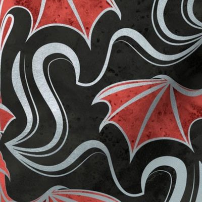 Normal scale // Whimsical dragon creatures // black background metallic silver texture and red fantastic magical legendary beasts folklore decorative arts inspiration halloween whimsigothic wallpaper 