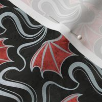 Small scale // Whimsical dragon creatures // black background metallic silver texture and red fantastic magical legendary beasts folklore decorative arts inspiration halloween whimsigothic wallpaper 