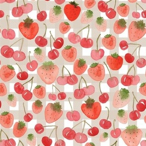 Medium - Sweet  Watercolour Cherry Strawberries - Beige White