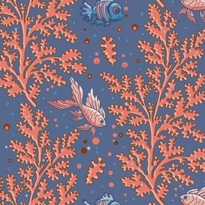 Bright Vibrant Coral and Fish Marine Pattern in deep blue and coral red colors 