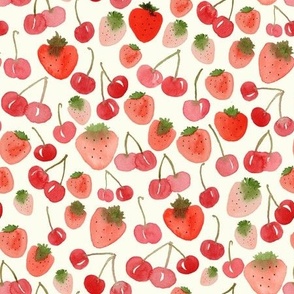 Medium - Sweet  Watercolour Cherry Strawberries - Cream