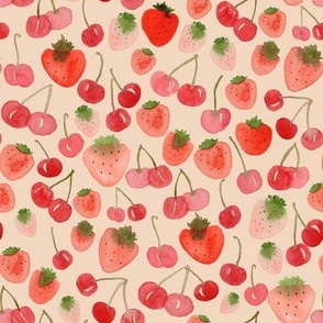 Medium - Sweet  Watercolour Cherry Strawberries - Light Peach