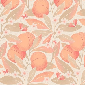 Large | Peaches branches with muted khaki green leaves on cream