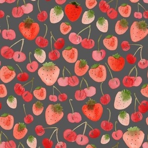 Medium - Sweet  Watercolour Cherry Strawberries - Charcoal