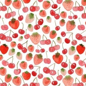 Small - Sweet  Watercolour Cherry Strawberries - White