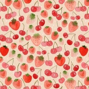 Small - Sweet  Watercolour Cherry Strawberries - Light Peach w Splatter