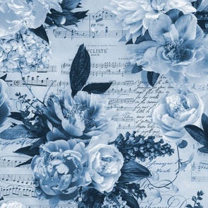 Music And Flowers Vintage Style Opulence Blue Bouquets Large Scale