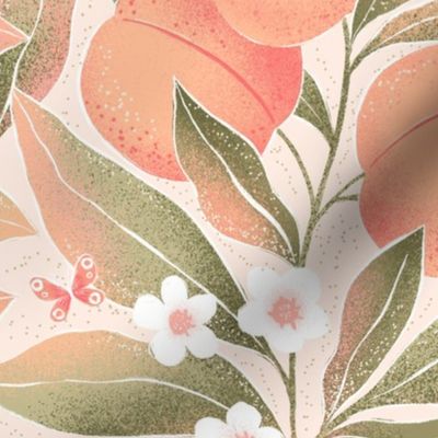 Large | Peaches branches with sage green leaves on pink