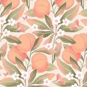 Large | Peaches branches with sage green leaves on pink