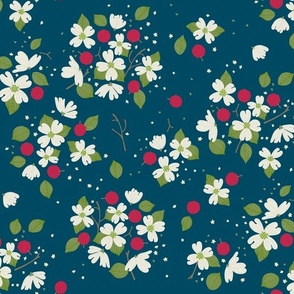 dogwood tree flowers and berries - on midnight blue