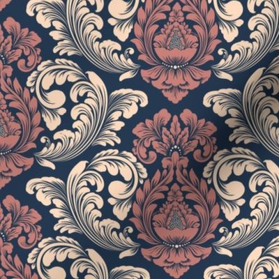 Dense Floral Intricate Damask in dark blue, light yellow and red