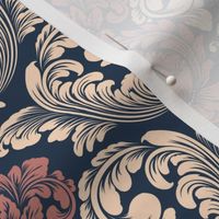 Dense Floral Intricate Damask in dark blue, light yellow and red