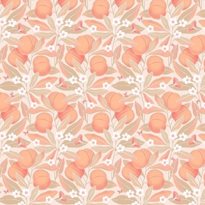 Medium | Peaches branches with WHITE Flowers and muted khaki green leaves and on light pink