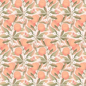 Medium | Peaches branches with sage green leaves on pink
