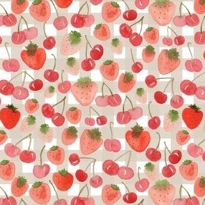 Small - Sweet  Watercolour Cherry Strawberries - Beige White