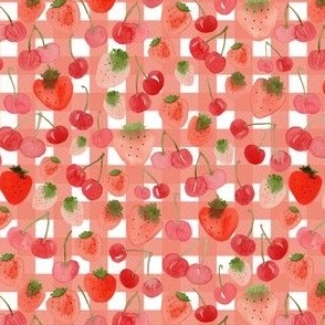 Small - Sweet  Watercolour Cherry Strawberries - White Red Checkers