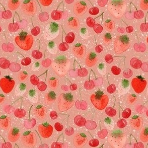 Small - Sweet  Watercolour Cherry Strawberries - Strawberry Red w Splatter