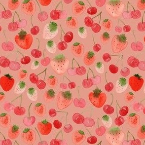 Small - Sweet  Watercolour Cherry Strawberries - Strawberry Red