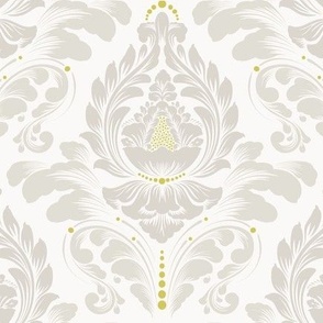 Classical Damask Pattern with Floral Motifs in Soft Grey and Yellow Accents