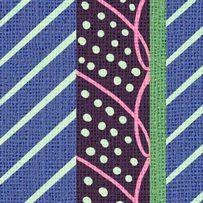 Large 24”doodled vertical stripes  in blue nova violet, pink, lime green with faux linen effect