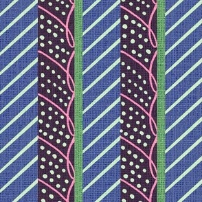 Medium 12” repeat doodled vertical stripes  in blue nova violet, pink, lime green with faux linen effect