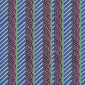 Small 6” repeat doodled vertical stripes  in blue nova violet, pink, lime green with faux linen effect