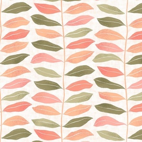 Large | Colorful orange peach, sage green and pink leaves wallpaper design on light cream