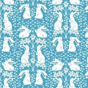 Spring bunnies with lilies in white and blue. Small scale