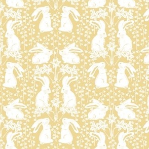 Spring bunnies with lilies in white and honey tan. Small scale