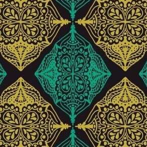 Traditional Block Print Design in Teal and Yellow