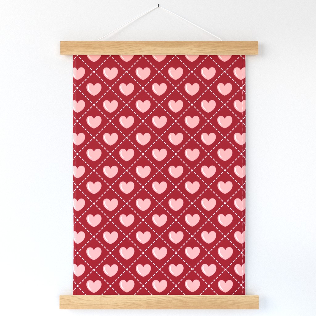 Quilted Pink Hearts on a Red Background