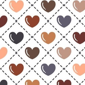 Quilted Earth Tone Hearts on a White Background