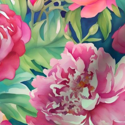 Pink and yellow peonies on navy blue