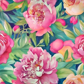 Pink and yellow peonies on navy blue