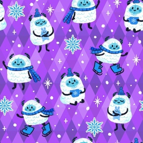 Yeti in Snow | Purple Harlequin Diamonds | Abominable Snowman Cute Winter Snowing Ice Skating