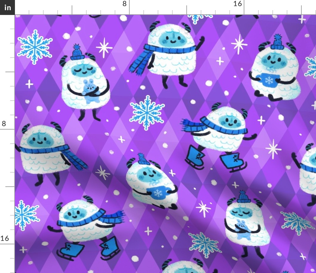 Yeti in Snow | Purple Harlequin Diamonds | Abominable Snowman Cute Winter Snowing Ice Skating