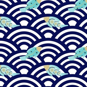 Turquoise and gold fishes in navy blue Japanese waves