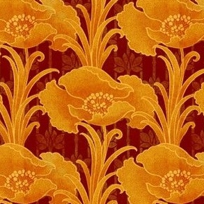 1905 Vintage Art Nouveau Poppies in Tangerine on Burgundy - Textured